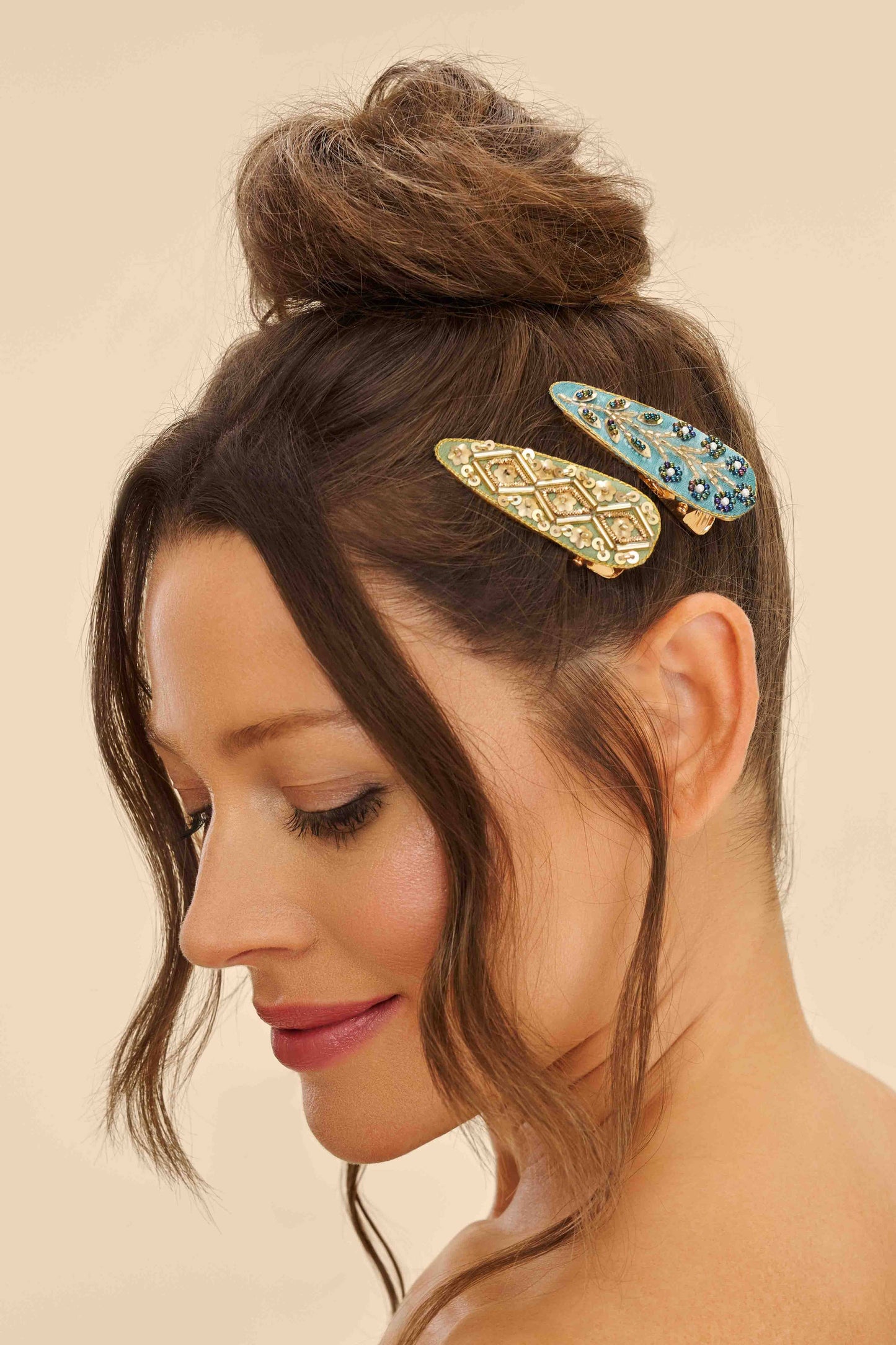 Jewelled Hair Clips (Set of 2) - Tile and Wheat, Sage & Teal