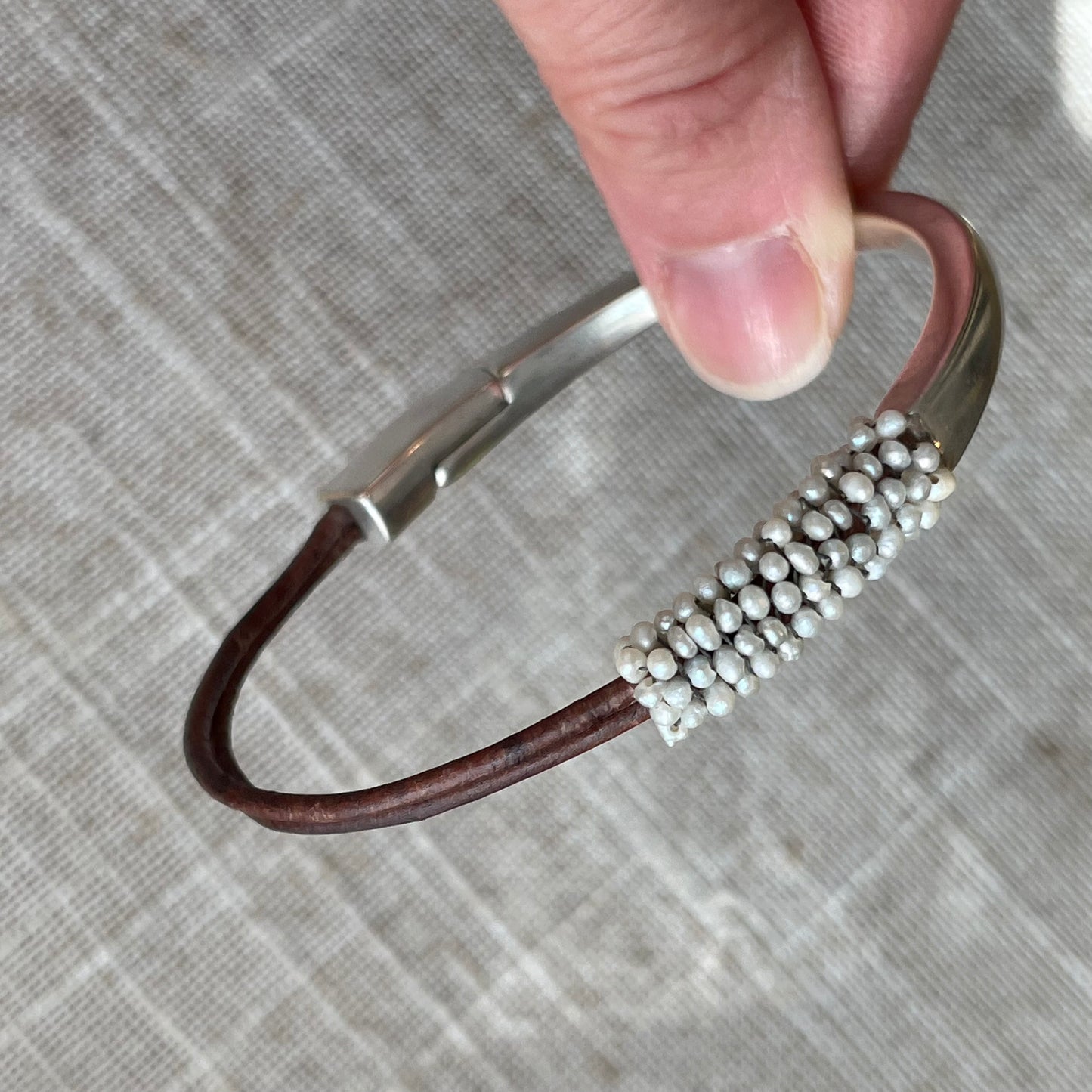 White Pearl and Leather Magnetic Bracelet