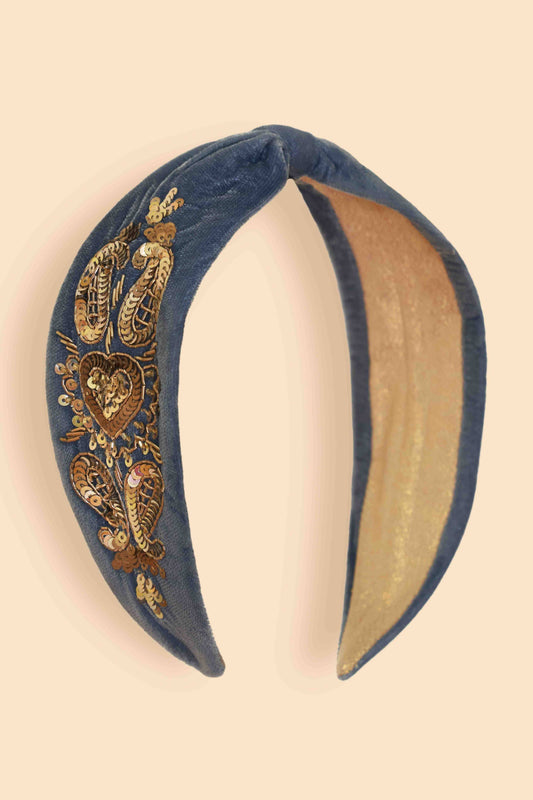 Velvet Embellished Headband - Royal Blue Heart