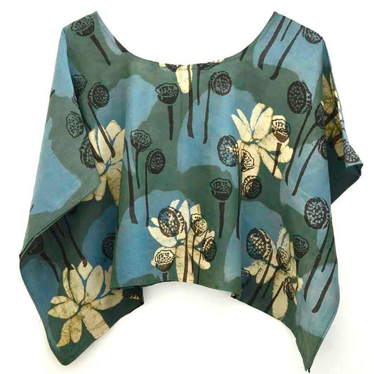 Women Crop Top | Blue Cotton Silk | Breezy - Lotus Garden