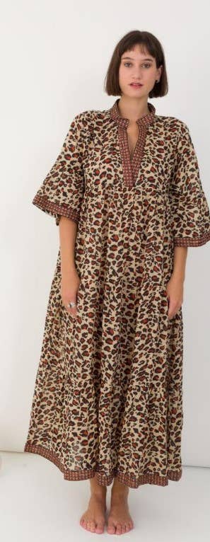 One Size Leopard Cotton Button Shirt Maxi Dress