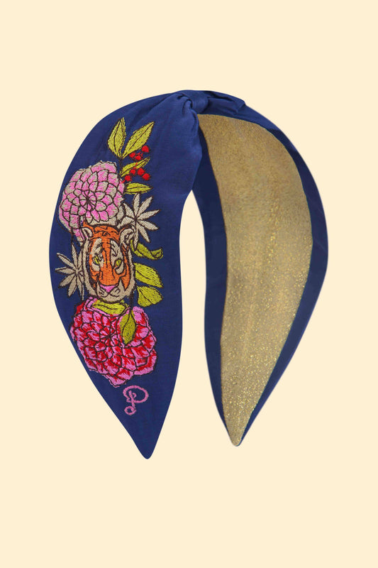 Satin Embroidered Headband - Floral Tiger Face in Indigo