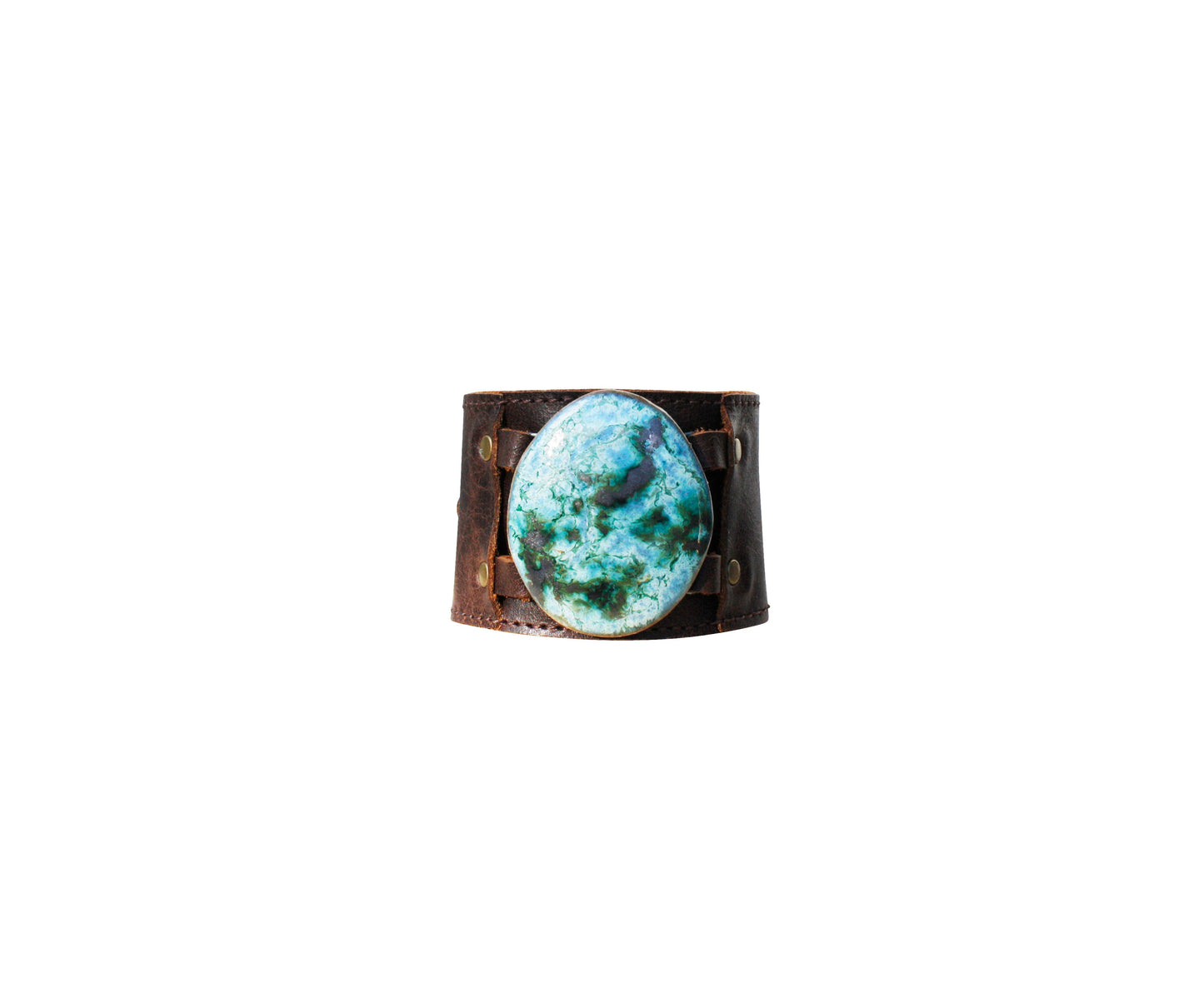 Gem Cuff - Brown Leather: Seafoam