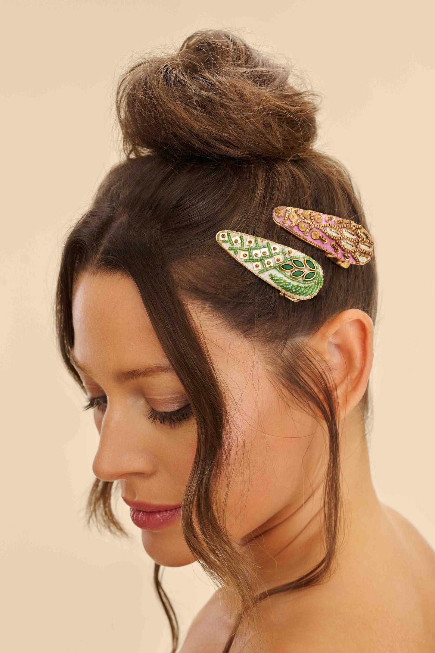 Jewelled Hair Clips (Set of 2) - Asymmetric leaf and Feather