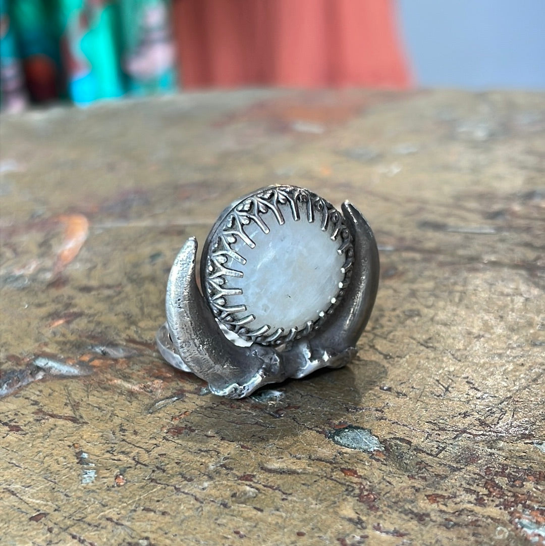 Coyote Claw Ring with Jumbo Rainbow Moonstone