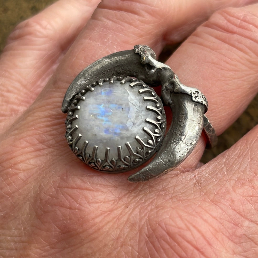 Coyote Claw Ring with Jumbo Rainbow Moonstone