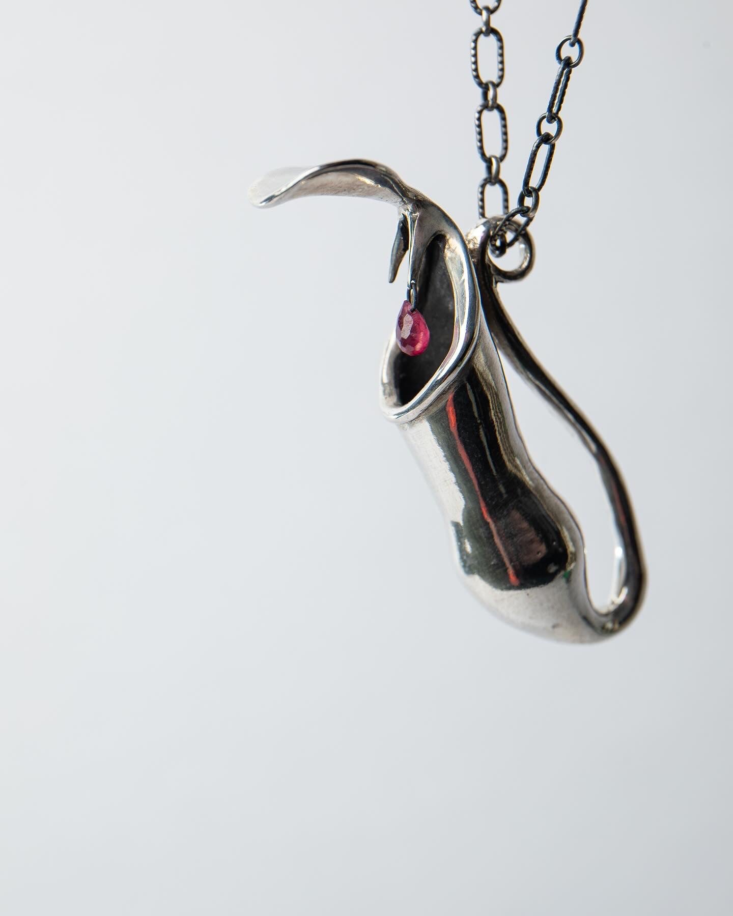 Fanged Pitcher Plant Pendant Necklace with ruby